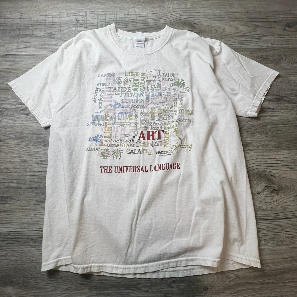 Gildan Art Tee Men XL White Vintage 2001 Graphic Multilingual Universal Language